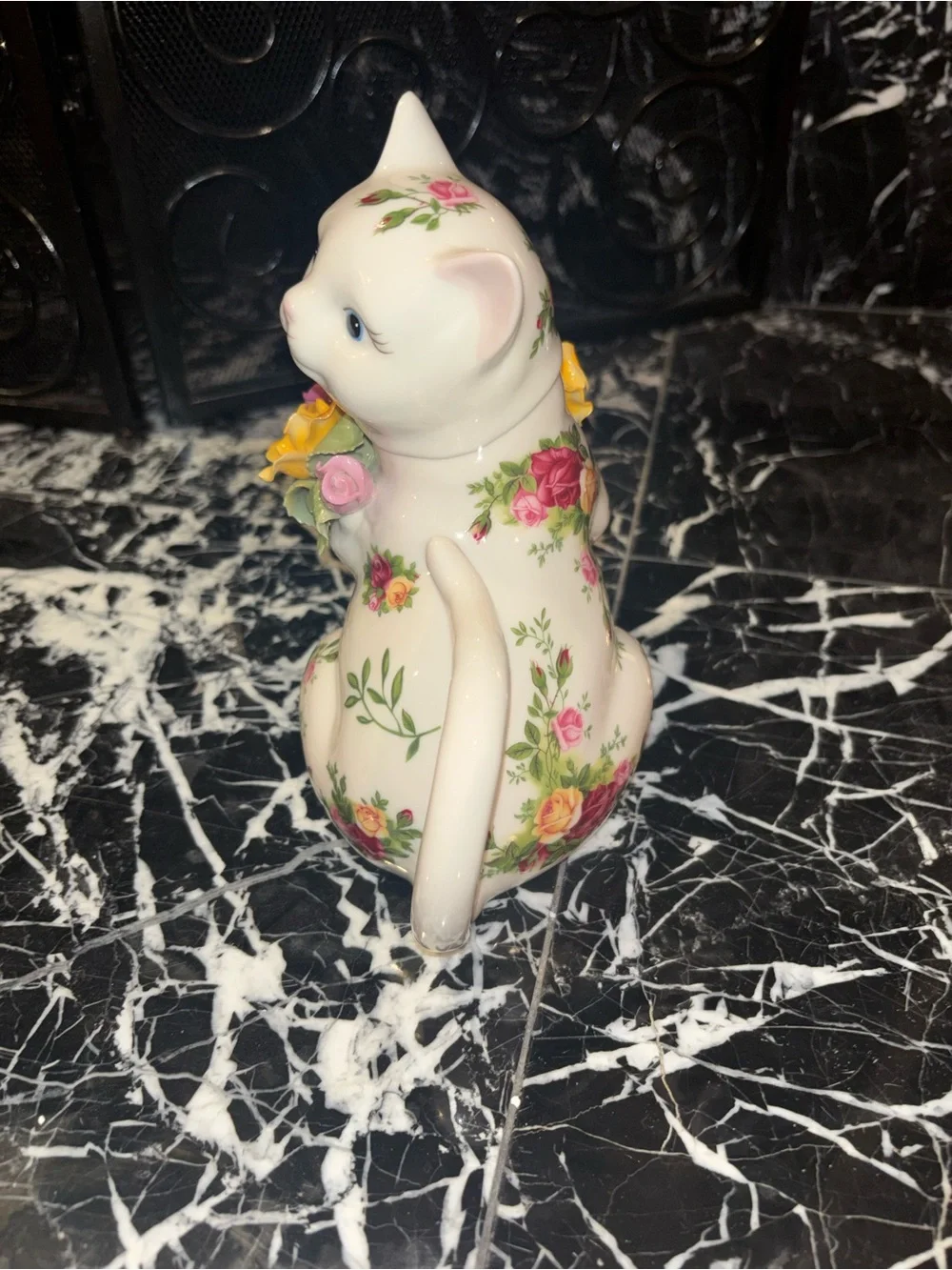 Royal Albert White Ceramic Cat Pitcher with Pink and Yellow Floral Bouquet